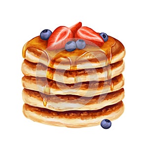 Stack of pancakes poured with syrup or honey with strawberries and blueberries. Hand drawn food illustration for menu