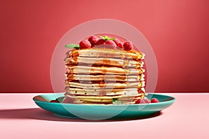 Stack of pancakes with with raspberries and syrup or honey on plate