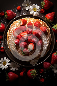 A stack of pancakes with strawberries on a black plate on a dark background with flowers, with a cup of tea, top view