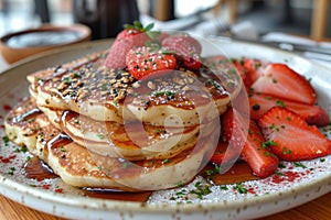 Stack of pancakes with strawberries, granola, and syrup