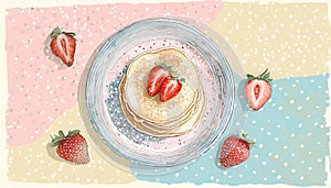 stack of pancakes with strawberries on a plate, top view, drawing