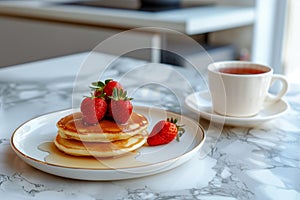 A stack of pancakes with strawberries and syrup on top of a white plate