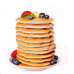 Stack of Pancakes Strawberry and Blueberry isolated photo