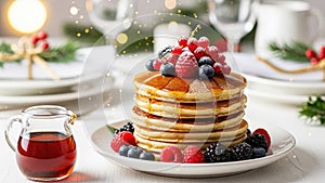 Stack of pancakes with syrup and berries on a blurred Christmas table setting background.