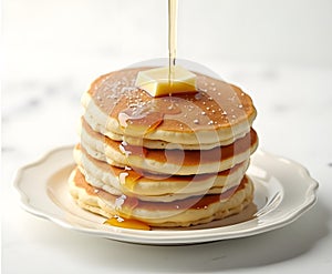 Stack of Pancakes with Syrup Drizzle Isolated on White