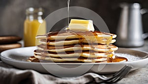 A stack of pancakes with syrup drizzled on top