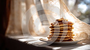 Stack Of Pancakes With Syrup In Warm Sunlight By Window. Cozy Breakfast Scene With Natural Light