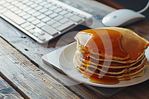 stack of pancakes with syrup beside a wireless keyboard and mouse