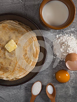 A stack of pancakes on the table for Maslenitsa. Pancake ingredients, Pancake recipe.