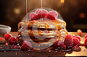 a stack of pancakes on a table with raspberries and maple syrup