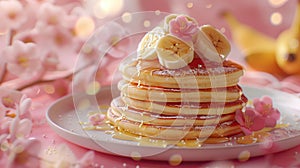 Stack of pancakes topped with bananas and syrup, a delicious dessert on a plate