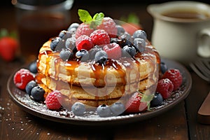 A stack of pancakes topped with berries and syrup