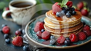 Stack of Pancakes Topped With Berries and Syrup