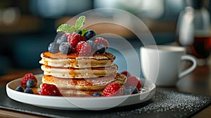 Stack of Pancakes Topped With Berries and Syrup