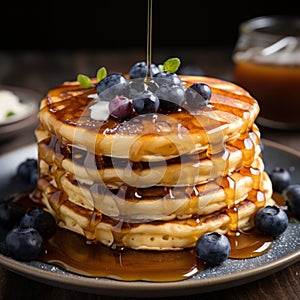 A stack pancakes topped with fresh blueberries and drizzled with syrup on background