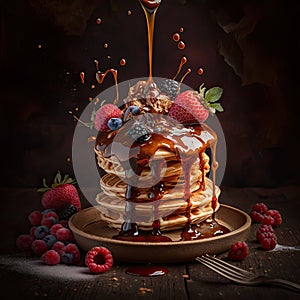 Stack of pancakes topped with honey caramel syrup with berries.