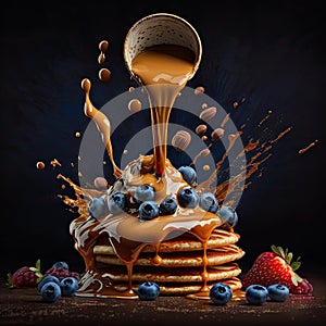 Stack of pancakes topped with honey caramel syrup with berries.