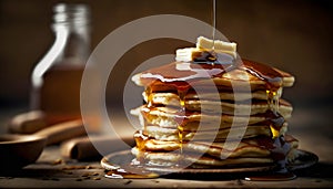 A stack of pancakes topped with honey or maple syrup on the plate. Closeup of a sweet breakfast with butter. Advertise banner.