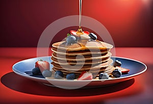 A stack of pancakes topped with honey syrup, Strawberry, and blueberry