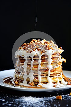 A stack of pancakes with white frosting and nuts