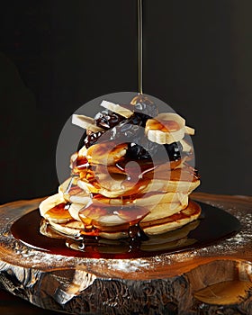 a stack of pankaces, caramel sauce and bananas