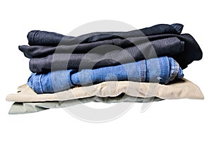 Stack of pants folded on white background or isolated