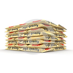 Stack of paper bags with cement isolated on white. 3D illustration