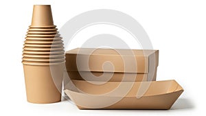 Stack of paper cups and trays isolated on white background
