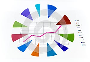 Stack of paper documents with financial reports and statistic in