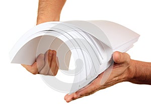 Stack of paper in his hand