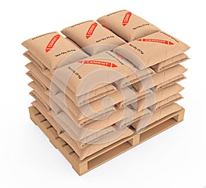 Stack of Paper Sacks Cement Bags over Wooden Pallet. 3d Rendering