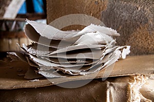 Stack of paper sheets in an ancient paper mill. Old traditional
