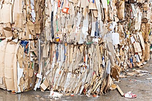 Stack of paper waste at recycling plant