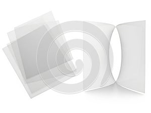 Stack of papers and book isolated on white background