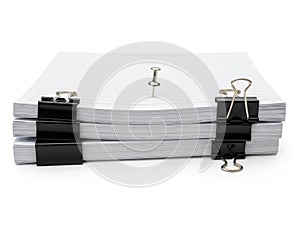 Stack of papers with clips isolated on white background
