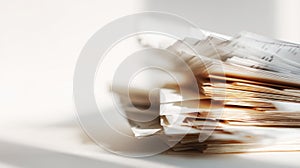 Stack of papers close up on a white background