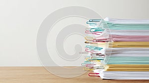Stack of papers with colored clips on wooden table