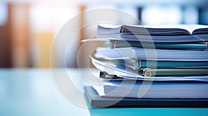 Stack of papers on a desk with blurred background, AI