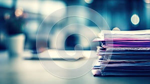 Stack of papers on desk with blurred background