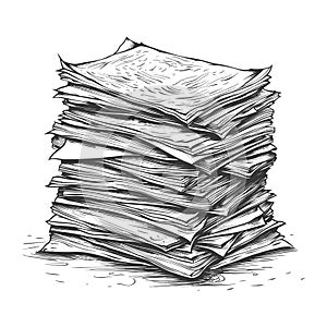 Large Stack of Papers, Documents and Files Hand-Drawn Illustration