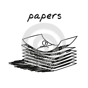 Stack of papers hand-drawn illustration. Cartoon vector clip art of a pile of papers tied with thread. Black and white sketch of