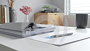 Stack of Papers and Pen on Desk