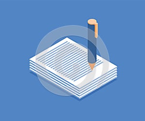 Stack of papers and pen icon. Vector illustration in flat isometric 3D style