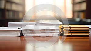 A stack of papers and a pen on top of an office desk, AI