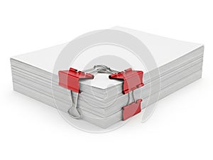 Stack of papers with red clips isolated on white background