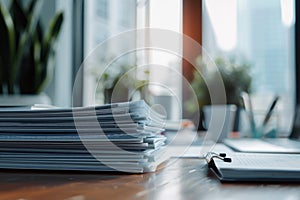 A stack of papers sitting on a wooden table, possibly for reading or writing