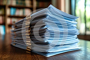 A stack of papers sitting on a wooden table, ready for work or study