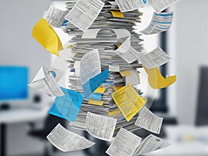 Stack of papers with sticky notes isolated on white background isolated on white background