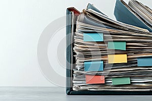 A stack of papers with sticky notes on top of them