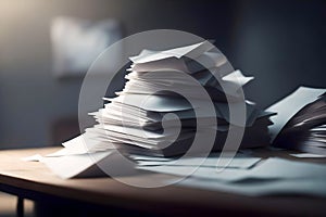 Stack of papers on wooden table in office, closeup. Business concept.